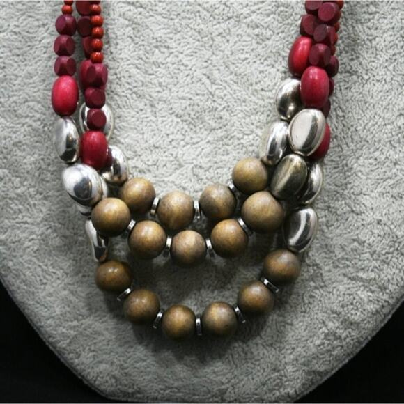 Chico's Wooden Red Brown Silver Beaded Distressed Necklace, 23 Inches - Picture 9 of 11